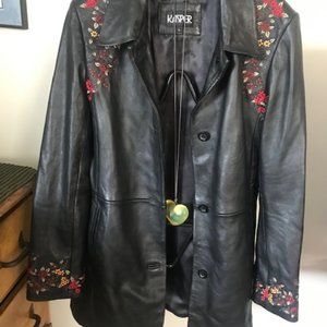 Black Leather Long Coat With Embroidered Flowers (Kasper) Size L